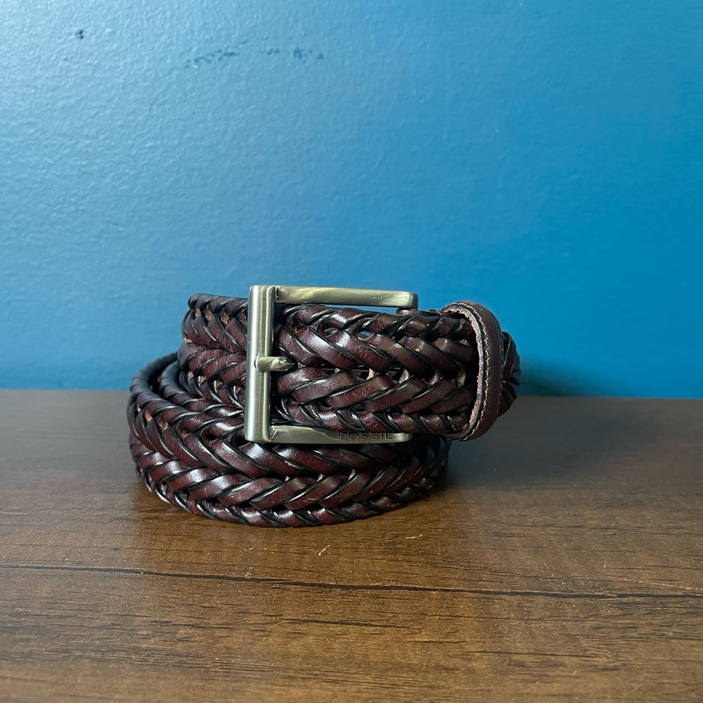 Fossil Mens Brown Leather Belt Sz 32 Braided Woven Leather 90s Classic Preppy